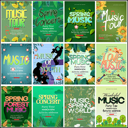 20款春季音乐会绿色风格海报PSD分层模板