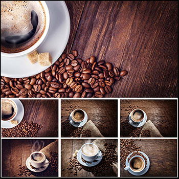 16款桌上的咖啡豆和一杯热咖啡JPG高清5K图片