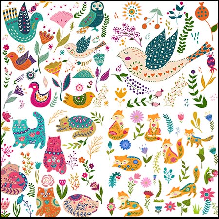 剪纸风格花卉鸟类和狐狸等动物16设计网矢量插图精选