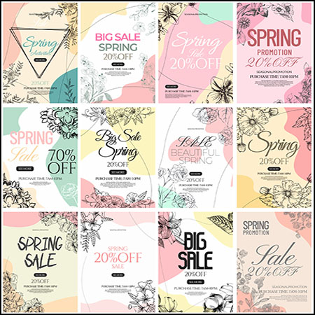 20款春季花卉线稿风格促銷海報PSD分层模板