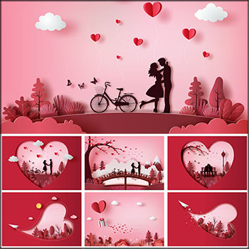 7款浪漫情人节爱情恋爱剪纸风格插
