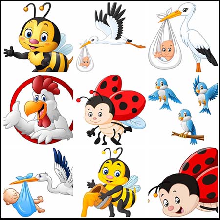 14个可爱卡通小动物蜜蜂 小鸟 公鸡 瓢虫16图库矢量素材精选