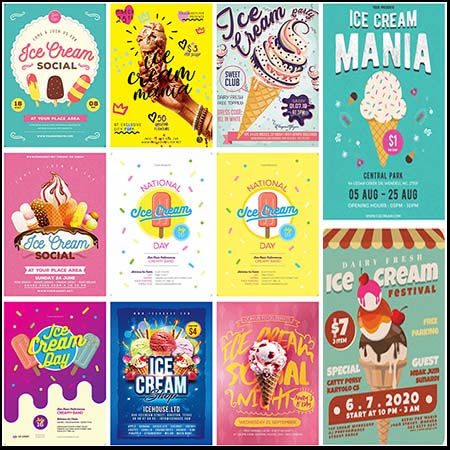 12款冰淇淋蛋筒夏季冷饮宣传海报PSD模板