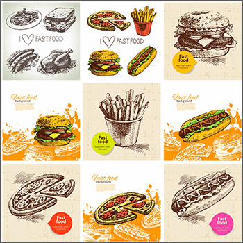 面包披萨热狗汉堡等快餐食物16设计网矢量插图精选