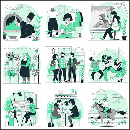 9款日常生活场景绿色风格平面插图易图库矢量素材精选