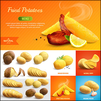 切片的土豆和薯片以及草莓味酸奶海报插图素材中国矢量素材精选