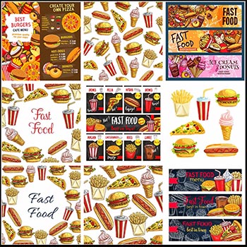 25款快餐店 汉堡 披萨 热狗 薯条等矢量海报菜单模板