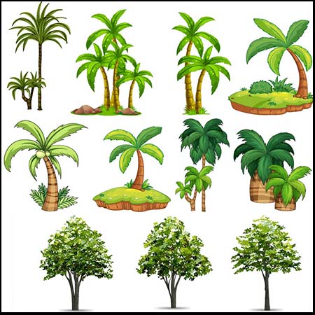 4套绿色大树椰子树等植物16素材网矢量插图精选