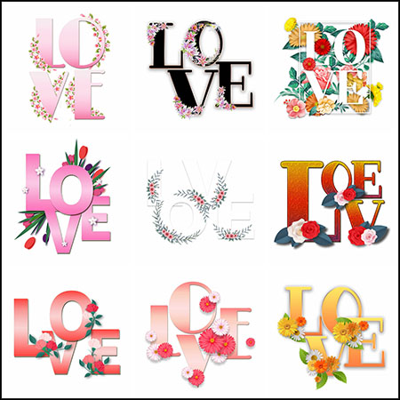 28款情人节LOVE英文字母花卉装饰艺术字PSD模板