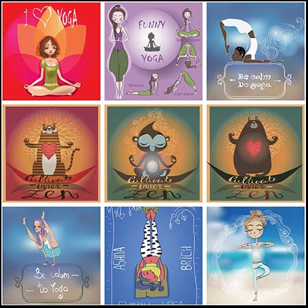 卡通人物和动物练瑜伽动作16设计网矢量插图精选