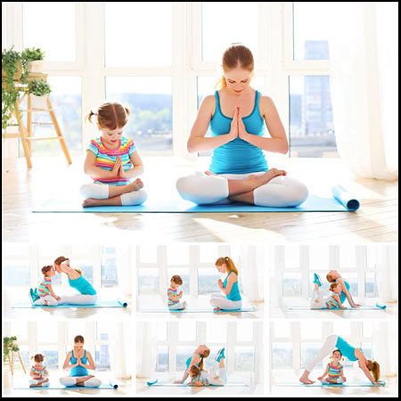 做瑜伽打坐的母亲和孩子JPG高清图片
