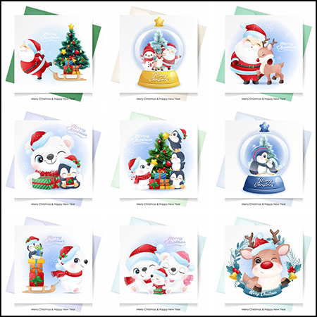 10款圣诞节雪人企鹅圣诞老人送礼物普贤居矢量插图精选