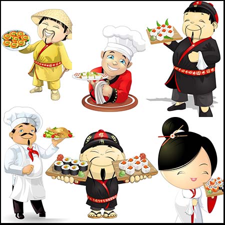 手捧寿司和食物的厨师插图
