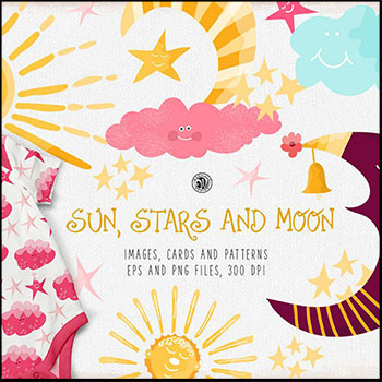 卡通水彩太阳星星月亮手绘剪贴儿童卡片贺卡服装插画EPS16图库矢量素材精选