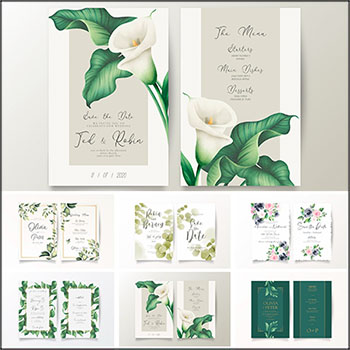 7套绿色植物和花卉装饰婚礼邀请函贺卡请柬普贤居矢量素材精选