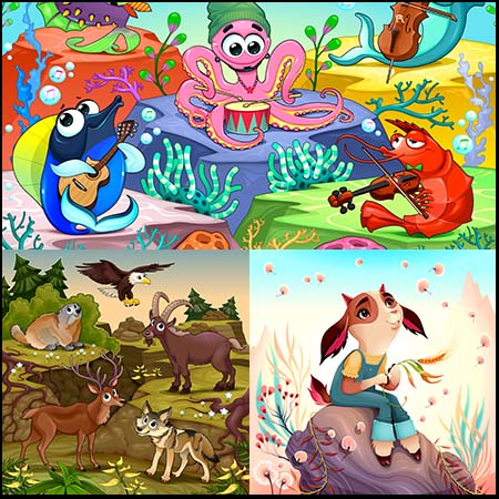 有趣的卡通动物和奇妙的卡通动漫风景易图库矢量插图精选