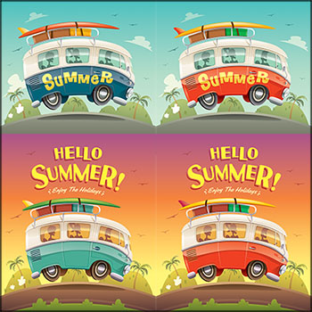 夏季露营旅游海报卡通露营巴士汽车16图库矢量插图精选
