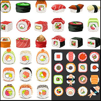 4套卡通鱼子酱寿司和海鲜寿司易图
