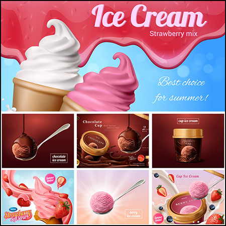 7款水果味和巧克力味杯装挖球冰淇淋海报素材中国矢量素材精选