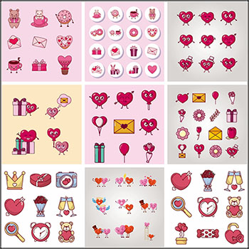 11套可爱拟人化甜甜圈爱心和小熊情人节爱情图标普贤居矢量素材精选