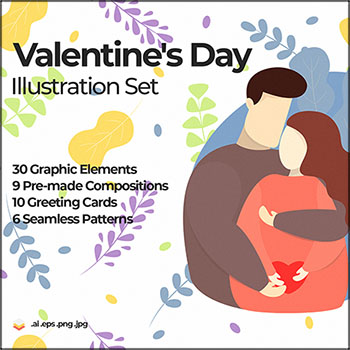 30款情人节图形元素插图10款贺卡和PNG无缝图案UI易图库矢量素材精选