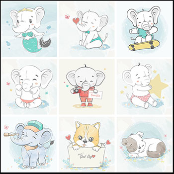 11款可爱大象和小猫矢量动物插图