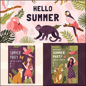 夏日派对聚会和热带动物手绘海报和网页插图素材天下矢量素材精选