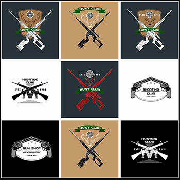 猎人俱乐部猎枪和动物普贤居矢量图标精选徽章素材