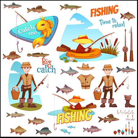 9套卡通人物钓鱼及渔具漫画插图