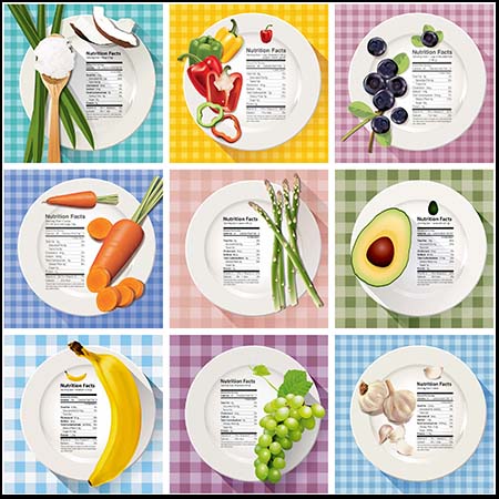 15个盘子上的营养蔬菜水果和成分表设计插图