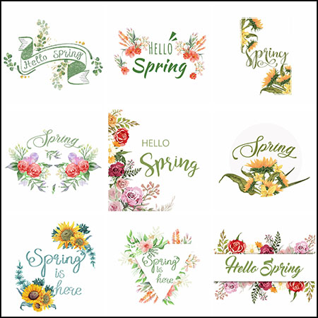 16款春天你好春季花卉海报装饰插图PSD分层模板