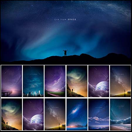 超美的北极光梦幻夜空夜晚流星天空PSD海报分层素材