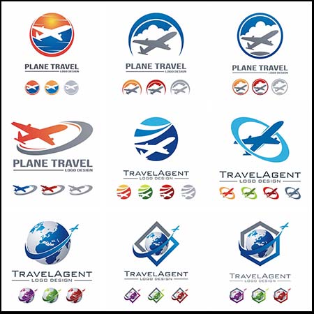 17个飞机和地球剪影背景旅游旅行图标LOGO