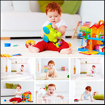 站在婴儿床上玩耍和在地上玩积木的宝宝JPG高清图片