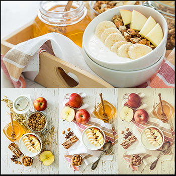 香蕉苹果杏仁秋季麦片放在一起的高清图片