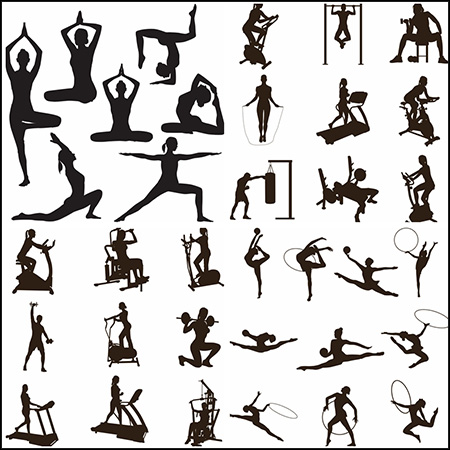 9套做瑜伽和健身的女性人物剪影易