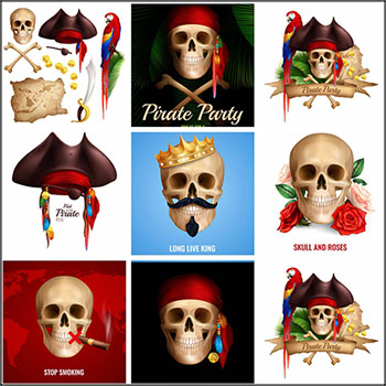 海盗骷髅标志和海盗装饰品素材天下矢量插图精选