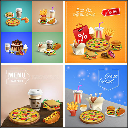 8款披萨热狗薯条汉堡饮料甜甜圈美食3D插图16图库矢量素材精选