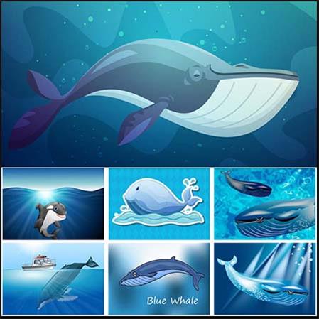 蓝色海洋中卡通鲸鱼背景素材