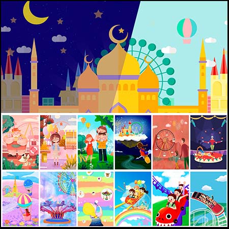 53个幼儿园游乐园亲子游戏卡通海报插画PSD喷绘素材