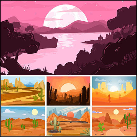 7款夏日沙漠风景景观16图库矢量插图精选