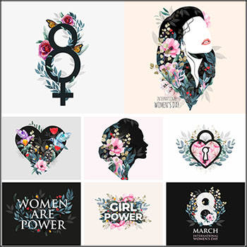 8款三八妇女节水彩数字女人肖像花卉海报矢量插画