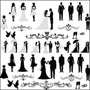 6套欧式婚礼恩爱新娘和新郎人物剪影素材中国矢量插图精选