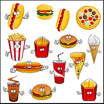 5套快餐汉堡热狗爆米花可乐披萨拟人化卡通插图