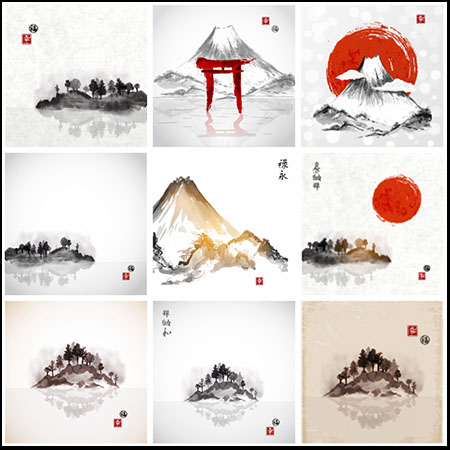 日本富士山水墨画16图库矢量素材精