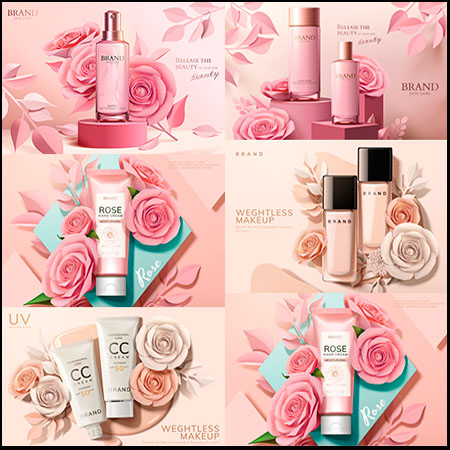 5款粉色花卉背景化妆品矢量广告海报
