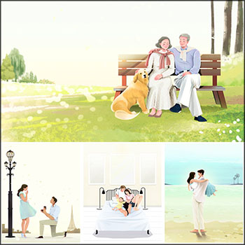 17款温馨家庭求婚恋爱幸福家庭插画PSD分层模板