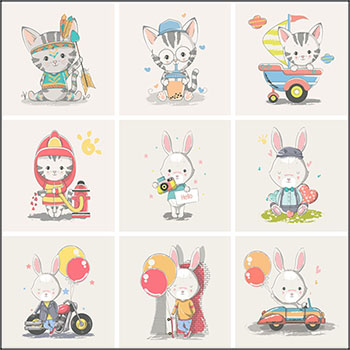 可爱的卡通兔子小宝贝和小猫动物插图普贤居矢量素材精选