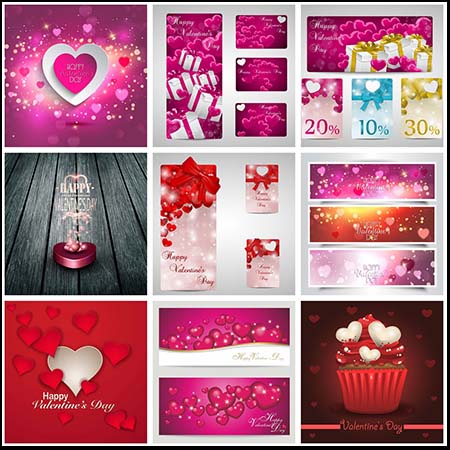 情人节爱情玫瑰花爱心背景插画和情人节打折券模板