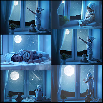 小孩站长窗台看月亮和星空JPG高清图片